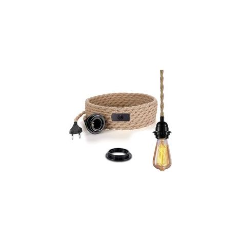 Lampe avec interrupteur, suspension vintage en lin avec 4,5 mètres de corde de chanvre tressée, douille E27, cuisine, 0,75 mm², pour bar, cave, entrepôt, ferme (ampoule non incluse)