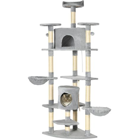 Arbre à chat grand XXL-coin repos-gris clair-hamacs inclus-structure stable-pour grands chats-60x60x200cm (1/5)