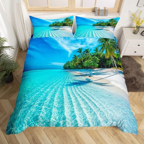 Parure de Lit 220x240cm La Plage Sets de Housse de Couette Palmiers Botanical Nature Housse de Couette Palm Leaf Vert Bleu Parure Housse de Couette 3 pièces (1/5)