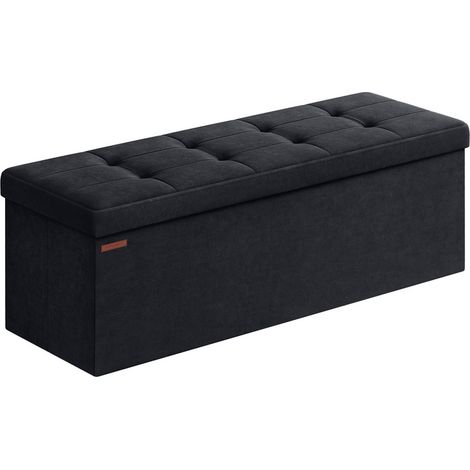 Songmics – Banc de rangement pouf en velours noir d'encre – Couvercle et 2 boîtes – Séparateur amovible – Dimensions 38 x 110 x 38 cm – Capacité 300 kg