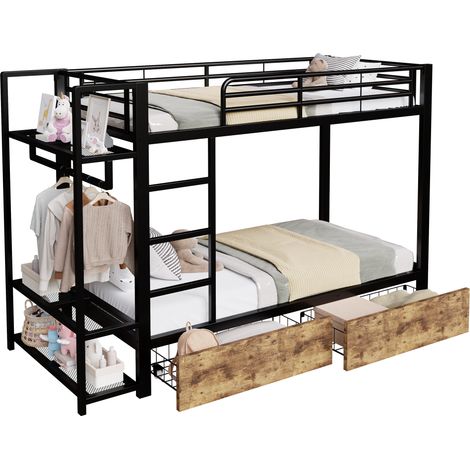 Letto a castello 90 x 200 cm in metallo e MDF, con 2 cassetti, ripiani multipli, barra appendiabiti, LED smart e finitura nera per bambini CHICFURN (1/5)
