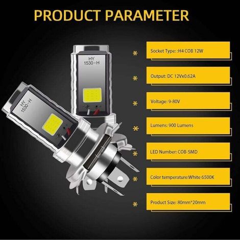 2 PCS Ampoule H4 led, Phare 12V moto/voiture, Phare De Ampoules COB 12W Ampoule LED pour phares de Lampe High Low Beam,Feux de route/feux de croisement (1/3)
