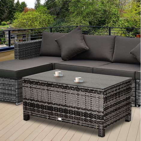 Table basse de jardin 85/50/39 cm grise en rotin synthétique avec plateau en verre trempé (1/5)