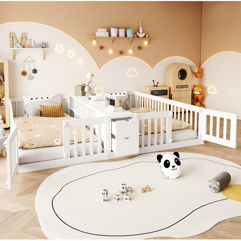 Cama infantil 90x200 cm de madera blanca, doble cama, estante y 2 cajones