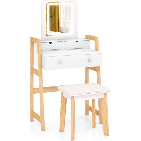 Tavolo da toeletta in legno con specchio sgabello e 3 cassetti bianco