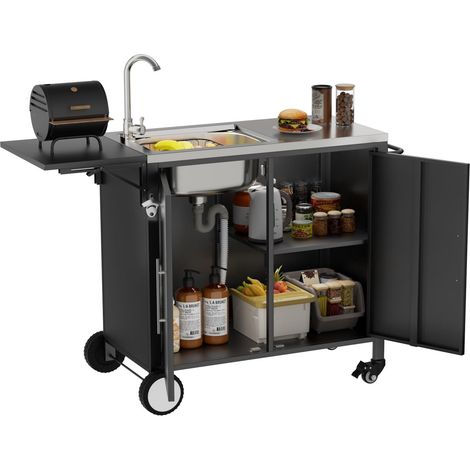 Table de barbecue avec évier, îlot de cuisine avec plan de travail rabattable et meuble de rangement en métal, chariot de barbecue à roulettes pour jardin, cour et pelouse