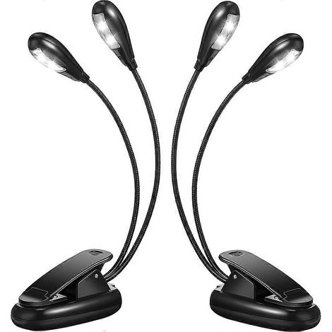 Lot de 2 lampes de lecture LED à pince pour pupitre de musique, avec double bras et pince orientable à 360°, idéales pour lire au lit. (1/4)