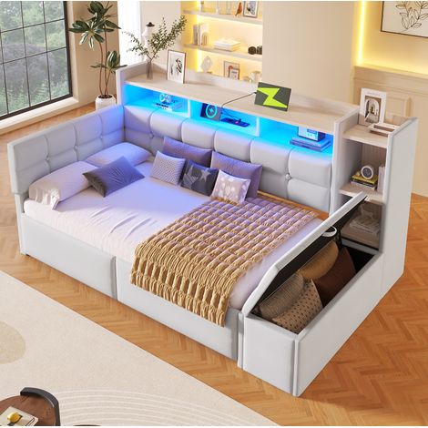 Bett Daybed modern 90x190 cm aus Samt in Weiß, mit Kopfteil, 2 Schubladen, Regal, Stauraumbank, LED, USB und Type-C (1/5)