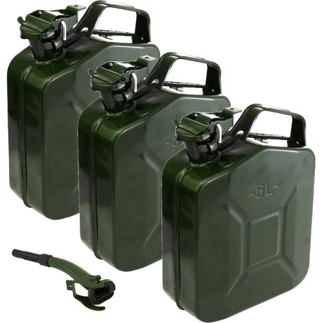 3x Metallkanister olivgrün 5 Liter inkl. 1x Ausgießer Benzin Diesel (1/5)