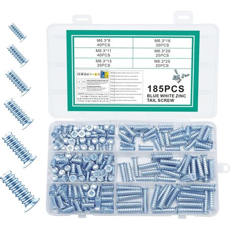 185 Pcs Vis Euro, Vis sans Tête pour charnières de porte, tiroirs, coulisses, placards, portes, armoires, charnières de meubles de cuisine, M6,3 x (8 x 11/13/16/20/25) mm (1/5)