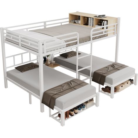 Litera de metal blanca 140x200/90x200 cm con 3 plazas, estante abierto y zapatero (1/5)