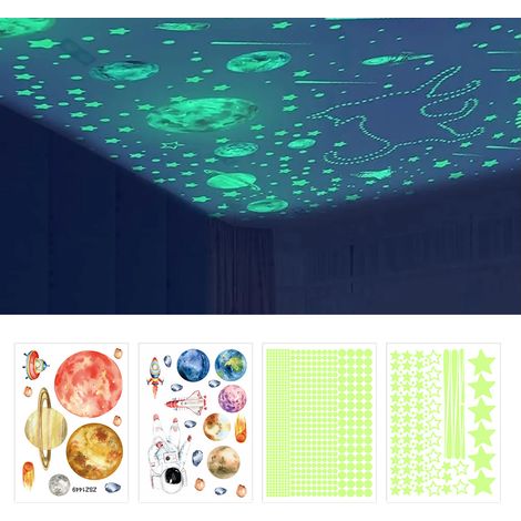 Lot de 4 feuilles d'autocollants fluorescents lumineux 20x28cm, motif astronautes et étoiles, pour décoration murale de chambre d'enfant (1/5)