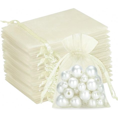 100PCS Sacs Organza Beige 7x9cm - Pochette Cadeau en Organza,Sachets de Mariage, Bonbons,Lavande,Fêtes - Pochette Cadeau Élégante et Réutilisables (1/5)
