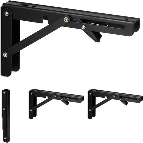 Lot de 4 équerres murales pliantes en métal noir - Support mural réglable - Dimensions 11x3x20 cm - Fixation murale robuste pour étagères et tablettes (1/5)