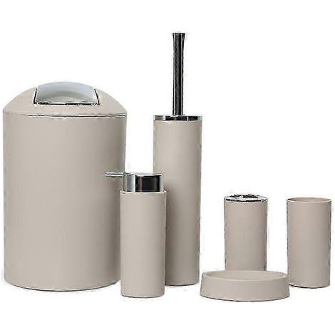 Ensemble de 6 accessoires de salle de bain beige - Porte-brosse à dents, gobelet, distributeur de savon, brosse WC, corbeille (1/5)