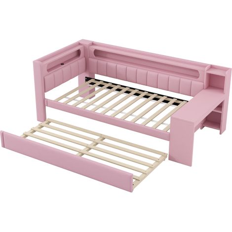 Cama banco capitoné 90x200 rosa con cama nido, escritorio, LED y puertos USB (1/5)