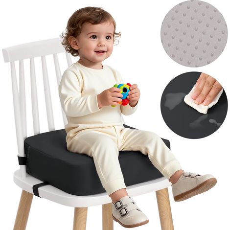 Coussin rehausseur pour enfant, coussin de chaise, coussin de sol, en similicuir avec sangles réglables, imperméable, antidérapant, 34,5 x 34,5 x 9 cm, gris (1/5)