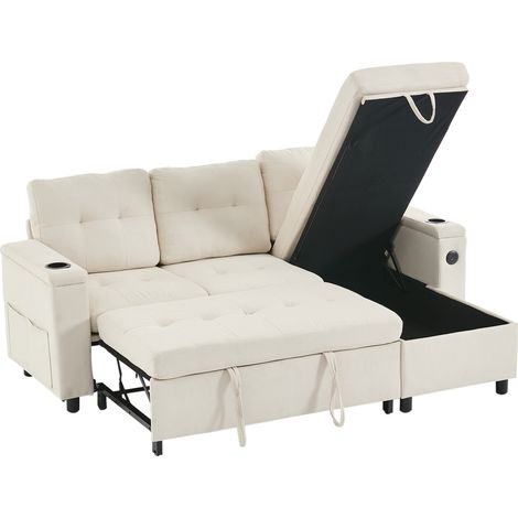 Divano letto angolare L 208 x 146 x 89,5 cm beige con contenitore, LED, USB e porte USB-C (1/5)