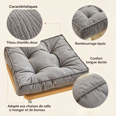 Coussin d'assise épaissi 45x45 cm en tissu brossé doux, chaise de bureau, chaise de salle à manger, tatami, étudiant - Gris (1/5)
