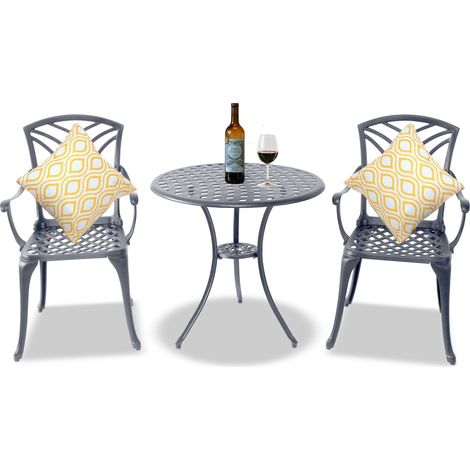 Homeology OSHOWA Grey Aluminium Weatherproof Outdoor Table and 2 Comfortable Chairs with Armrests Bistro Set (1/4)