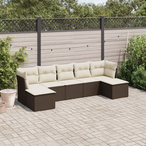 Ensemble de salon de jardin 7 places en résine tressée marron avec coffres rangement, coussins crème et tabourets (1/3)