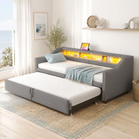 Sofá cama extensible 90/180x200 cm gris claro en tejido tipo lino con LED, USB y estantes (1/5)