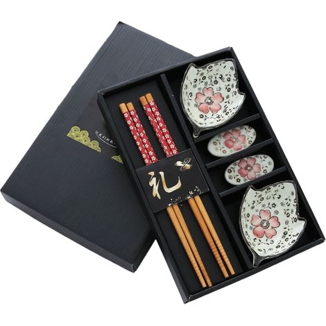 Juego grande de sushi para 2 personas con palillos y cuencos en tonos rojos. (1/5)