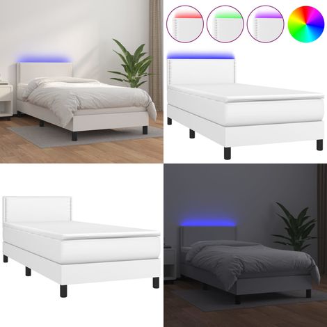 Cama box spring colchón y LED cuero sintético blanco 100x200 cm - Colchón con LED - Cuero sintético