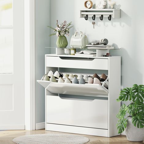 Scarpiera Salvaspazio Slim 2 Portes à Rabat et Tiroir, Meuble à Chaussures d'Entrée en Verre, Étagères Réglables sur 2 Niveaux, Porte-Chaussures pour 16 Paires avec Poignée, 89x23x96cm, Blanc Brillant (1/5)