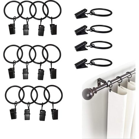 Set di 16 anelli per tende con clip - Metallo - Diametro interno: 35 mm - Con clip per tende, tende per porte e tende da doccia - Nero