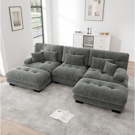 canapé salon modulable U avec ottoman gris chenille OKMYHOME (1/5)