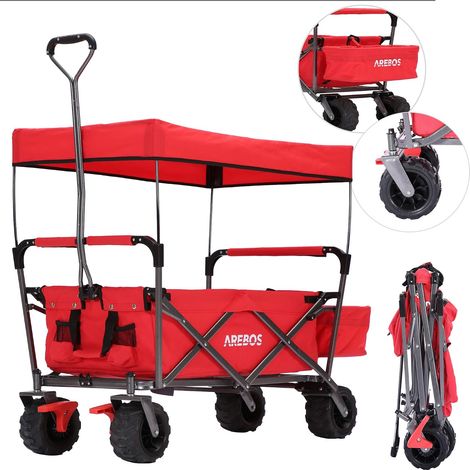 AREBOS Chariot à Bras Pliable avec Toit Chariot à Main Diable de Transport Chariot d'outillage avec 2 Poches en Filet et Une Poche extérieure Pliable Jusqu'à 100 kg de Charge Rouge (1/5)