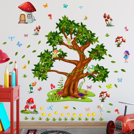 Lntyq 1 Set grüner Baum Wandaufkleber Fee Wandaufkleber Cartoon Pilz Aufkleber für Kinderzimmer Kinderzimmer Schlafzimmer Wohnzimmer Wanddekoration (1/4)