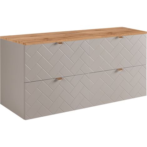 Furnidea - Meuble sous vasque MADIS CACHEMIRE 120 cm avec le plan CHÊNE - 4 tiroirs, façades motif chevron, design moderne (1/5)