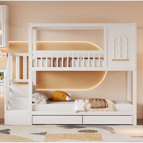 Lit superposé 90x200 avec rangement bois blanc OKMYHOME (1/5)