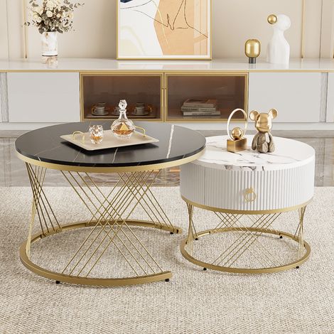 Lot de 2 tables basses gigognes rondes, motif marbre brillant, structure en métal avec 1 tiroir, 70x70x45 + 50x50x40 cm, adaptées aux salons, réceptions, balcons et bureaux - plateau blanc et noir (1/5)