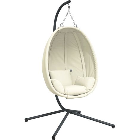 Chaise suspendue en forme d'œuf et support beige tissu et acier (1/5)