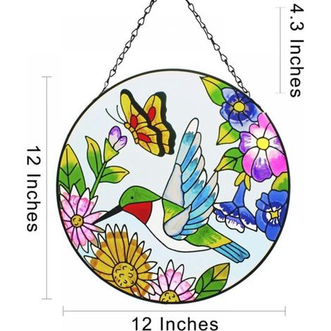 Panneau Suspendu Colibri - Vitraux Colorés - Chaîne Métallique Incluse - Décoration Fenêtre Jardin Intérieur - 1 Pièce (1/5)