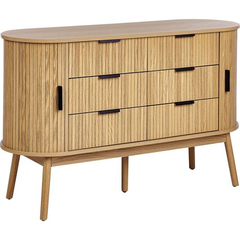 Cassettiera a 6 cassetti con 2 ante scorrevoli MDF Gambe in legno massello Legno chiaro Selah