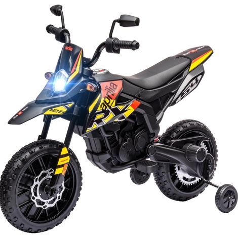 Moto électrique enfant 12V avec roues stabilisatrices, éclairage LED, musique et port USB, jaune (1/5)