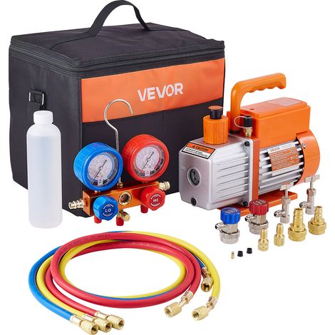 VEVOR Pompe a Vide Climatisation 115 L/min, a Palettes Rotatives, Mono-etage, Manometre de Collecteur de Refrigerant, Detecteur de Fuite, Sac de Transport, pour Refrigerants R134a, R22, R410a, R1234YF