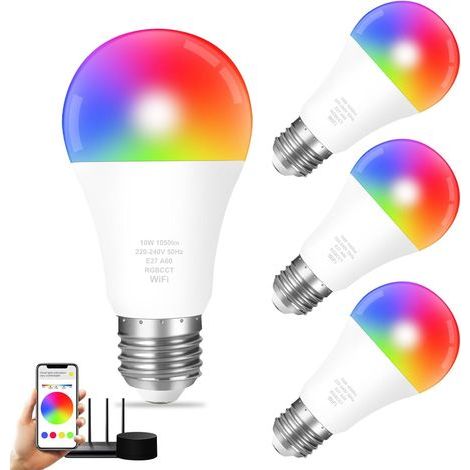 Smart WiFi LED bulb E27, 10W color changing bulb, APP control, compatible with Alexa / Google Home, RGB + CCT, Dimmable, 2700K-6500K, No hub required, 4 Pack (2.4GHz only)
