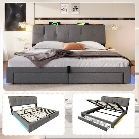 Lit rembourré 180x200 cm, rangement hydraulique, avec fonction de charge USB Type-C, sans matelas, rangement multifonctionnel, éclairage LED, commande par bouton poussoir/application, lin, gris (1/5)