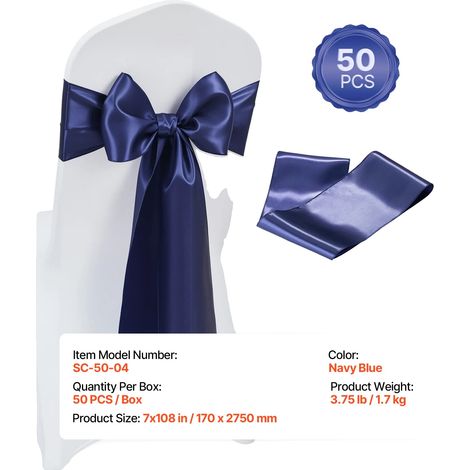 Housses de Chaise, Tissu Satin, Design Élégant, 50pcs Bleu Marine (1/2)