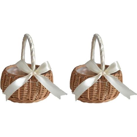 Set aus 2 geflochtenen Rattan-Blumenkörben, Aufbewahrungskörben, Brautjungfern-Handkörben, handgefertigte Blumenkörbe mit Schleife, große Größe (1/5)