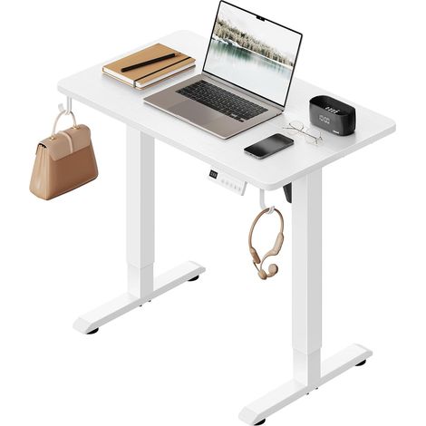 WOLTU Escritorio eléctrico regulable en altura 80x48x72-118 cm, blanco, con 3 memorias de altura y 2 ganchos