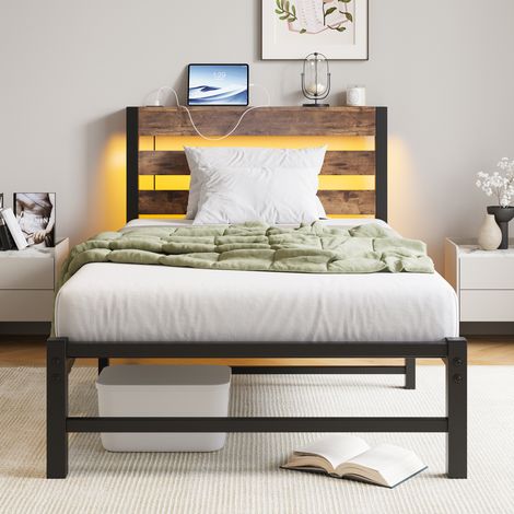 Lit en métal 90x200 avec cadre, éclairage LED, station de charge USB, espace de rangement, sans matelas