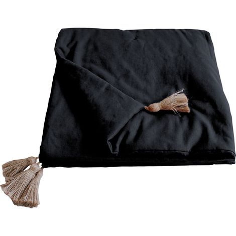 Edredon bout de lit 90x190 cm LOLA – Tissu 100% coton 170 g/m² – 4 pompons en jute – Couleur noire éclatante – Enjoy Home (1/5)