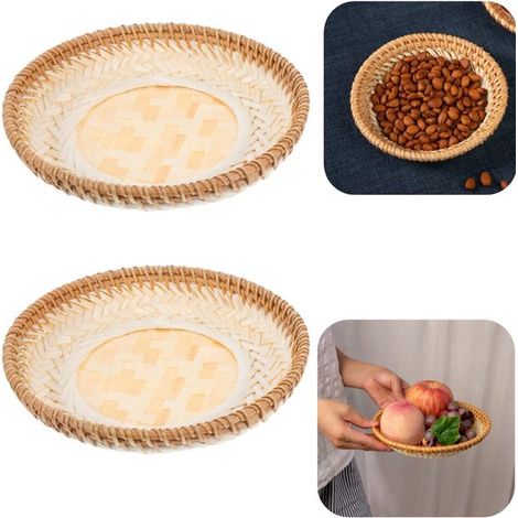 Plateaux en rotin lot de 2 - corbeilles 22 x 3,5 cm pour fruits, pain et clés, brun (1/5)