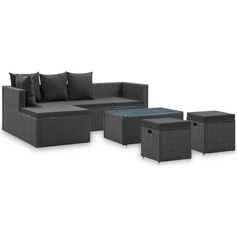 Ensemble de mobilier de jardin noir quatre pièces, avec coussins, en résine tissée. (1/5)